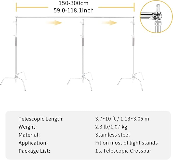 Pro Stainless Steel Telescopic Backdrop Crossbar Max Length 10 ft/3m Adjustable - Image 6