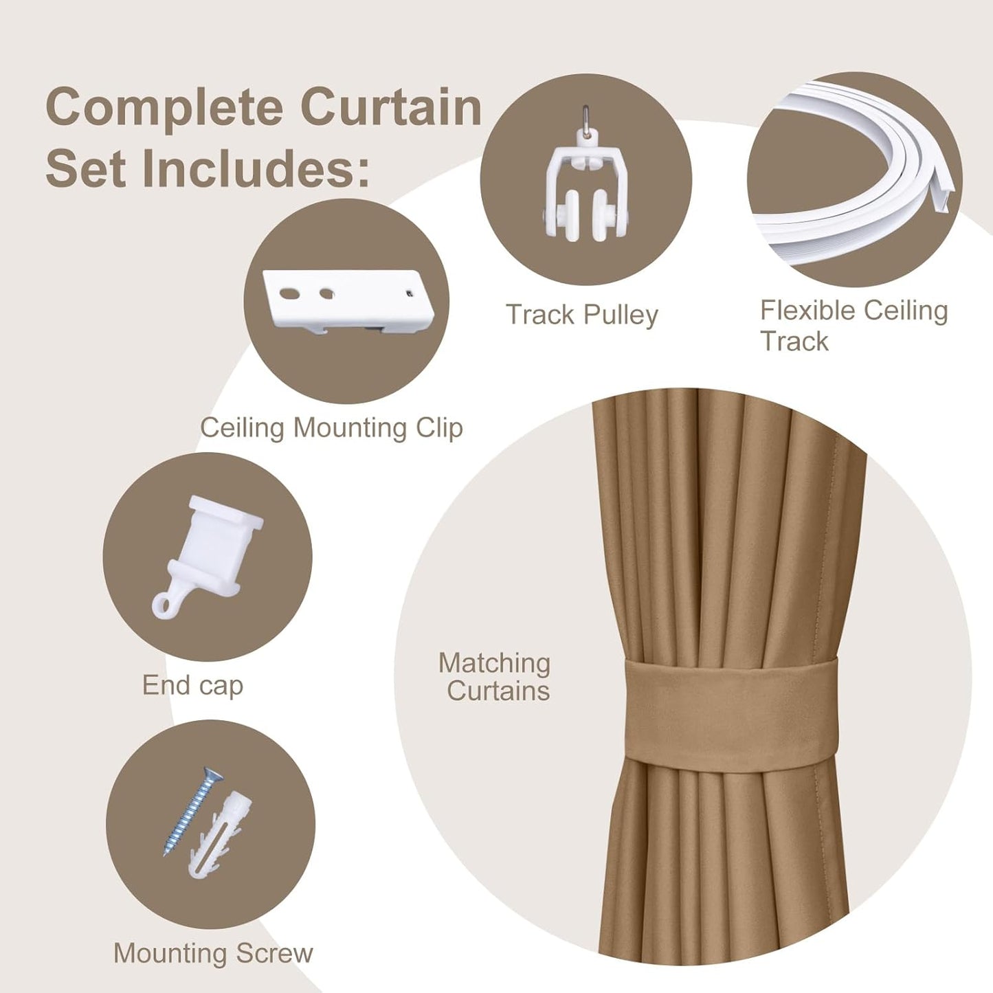 Room Divider Curtains & Flexible Bendable Tracks Set,Privacy Dividers Ceiling Track Curtain Window Blackout Curtains for Living Room Bedroom (W180 × H96 in 1 Panel Khaki Drape & White Rail)