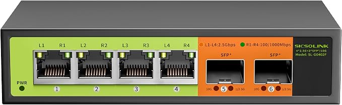 6 Port 2.5G Unmanaged Switch, 4×2.5G RJ45 + 2×10G SFP+, Fanless Metal, by SICSOLINK