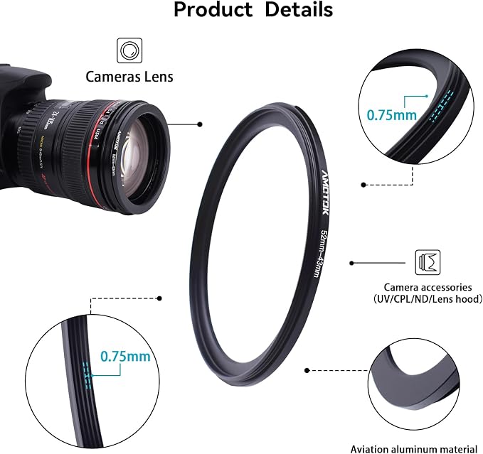 52mm Lens to 43mm Camera Lens Adapter, 52mm-43mm Filter Step-Down Ring - Image 3