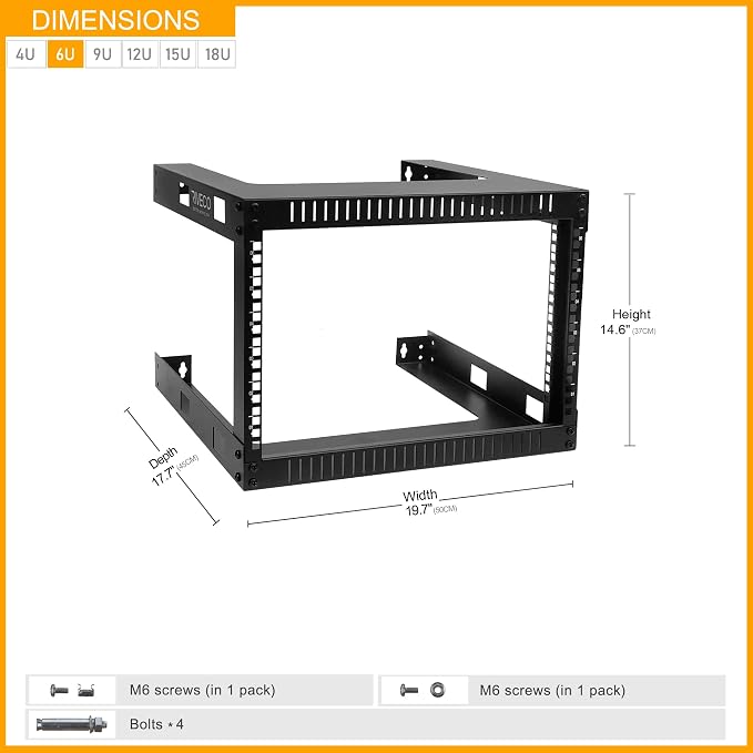 RIVECO 6U 19" Wall Mount Network Rack – 17.7" Deep 2 Post Shelf Open Frame - Image 3