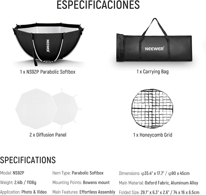 NEEWER 35.4'' Octagonal Softbox, Quick Release Parabolic Soft Box - Image 10