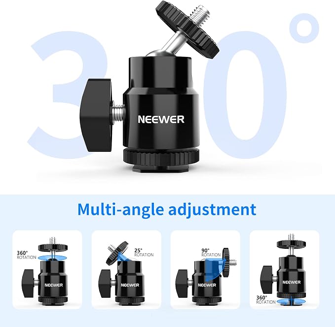 Neewer Mini Ball Head with Cold Shoe & 1/4” Screw, 2 Pack, 360° Swivel 90° Tilt - Image 4