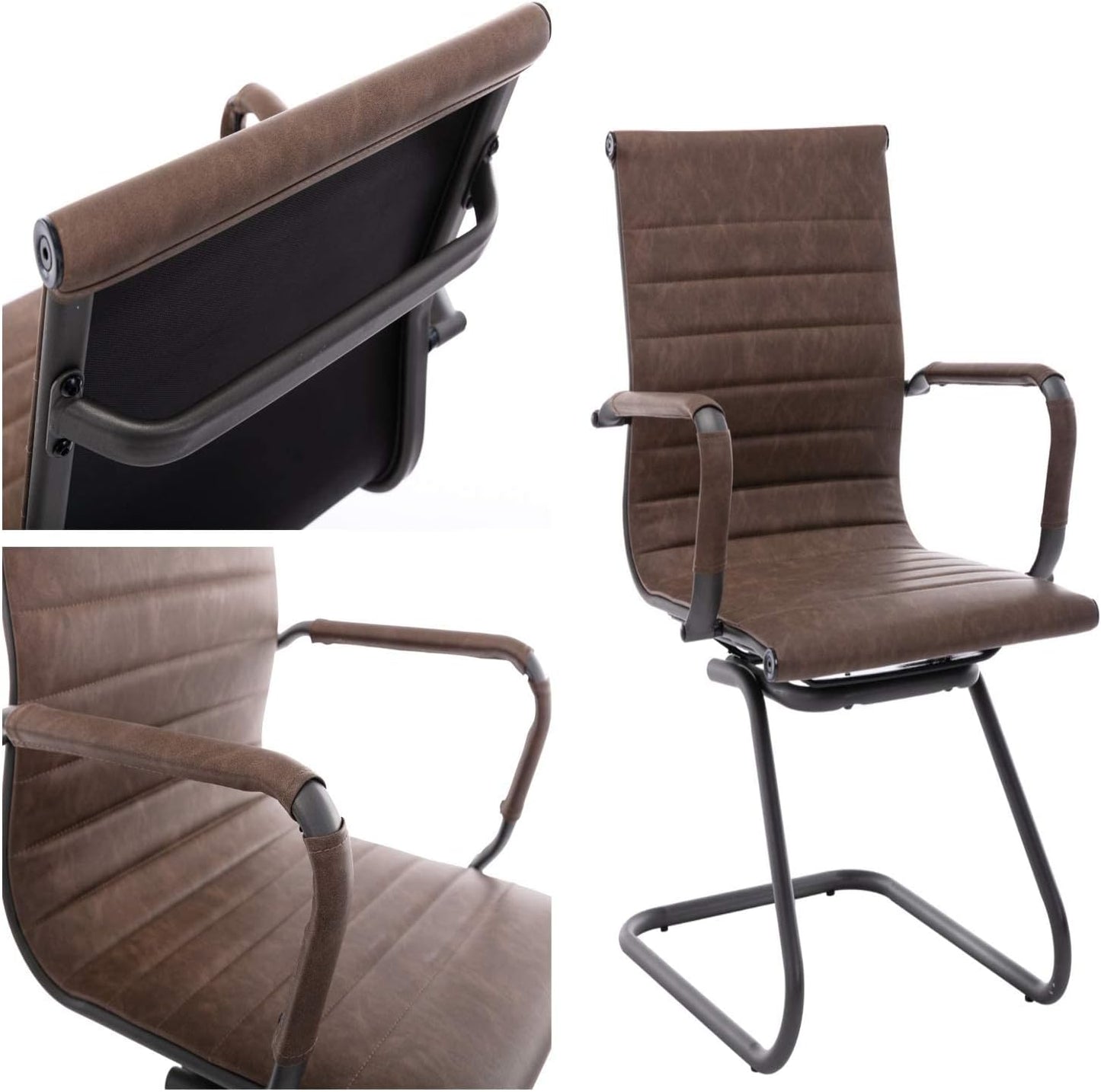 Office Desk Chair No Wheels Set of 6 PU Leather Computer Chairs Mid Back Guest Chairs for School Reception Conference Waiting Room, Vintage Brown