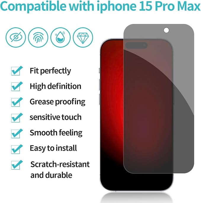 PEHAEL 2+2 Pack for iPhone 15 Pro Max Privacy Screen Protector - Image 2