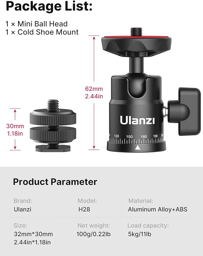 Mini Ball Head, ULANZI H28 Panoramic Tripod Head + Dual Hot Shoe Mount DSLR - Image 6