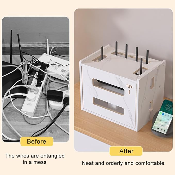 Wooden Router Shelf, Desktop WiFi Router Storage Box Modem Rack Cover Power - Image 4
