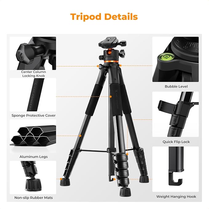 K&F CONCEPT 75 inch/190cm Camera Tripod, Lightweight Travel Outdoor DSLR Tripods - Image 6