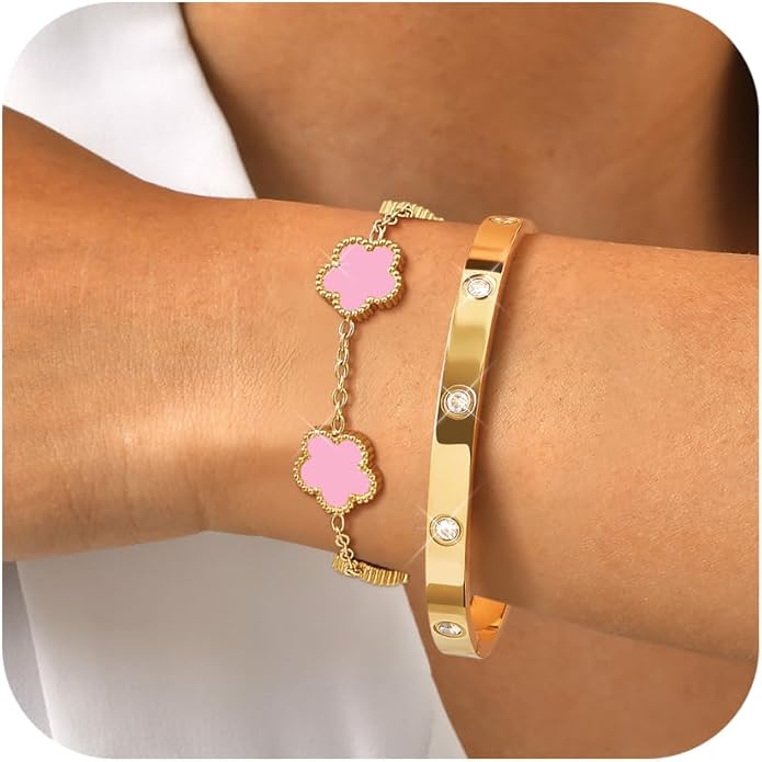 MPRAINBOW Womens Stackable Gold Bracelets Jewelry, 18K Gold Plated Floral by MPRAINBOW