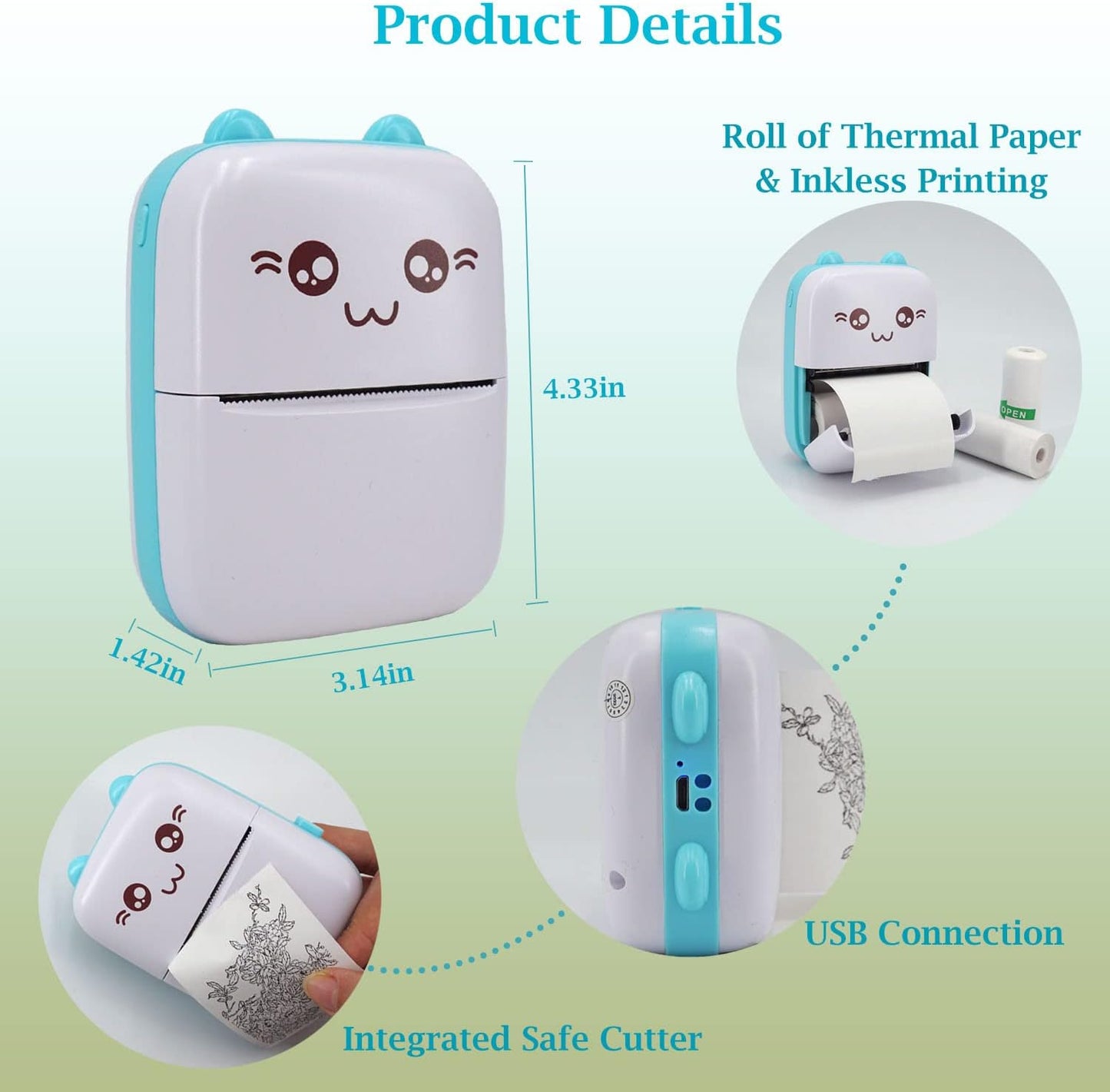 Mini Pocket Printer, Portable Thermal Printer with 8 Rolls Printing Paper, Bluetooth Wireless Tiny Printer for Photos/Stickers/Labels/Notes/Receipts, Compatible with iOS and Android, Blue