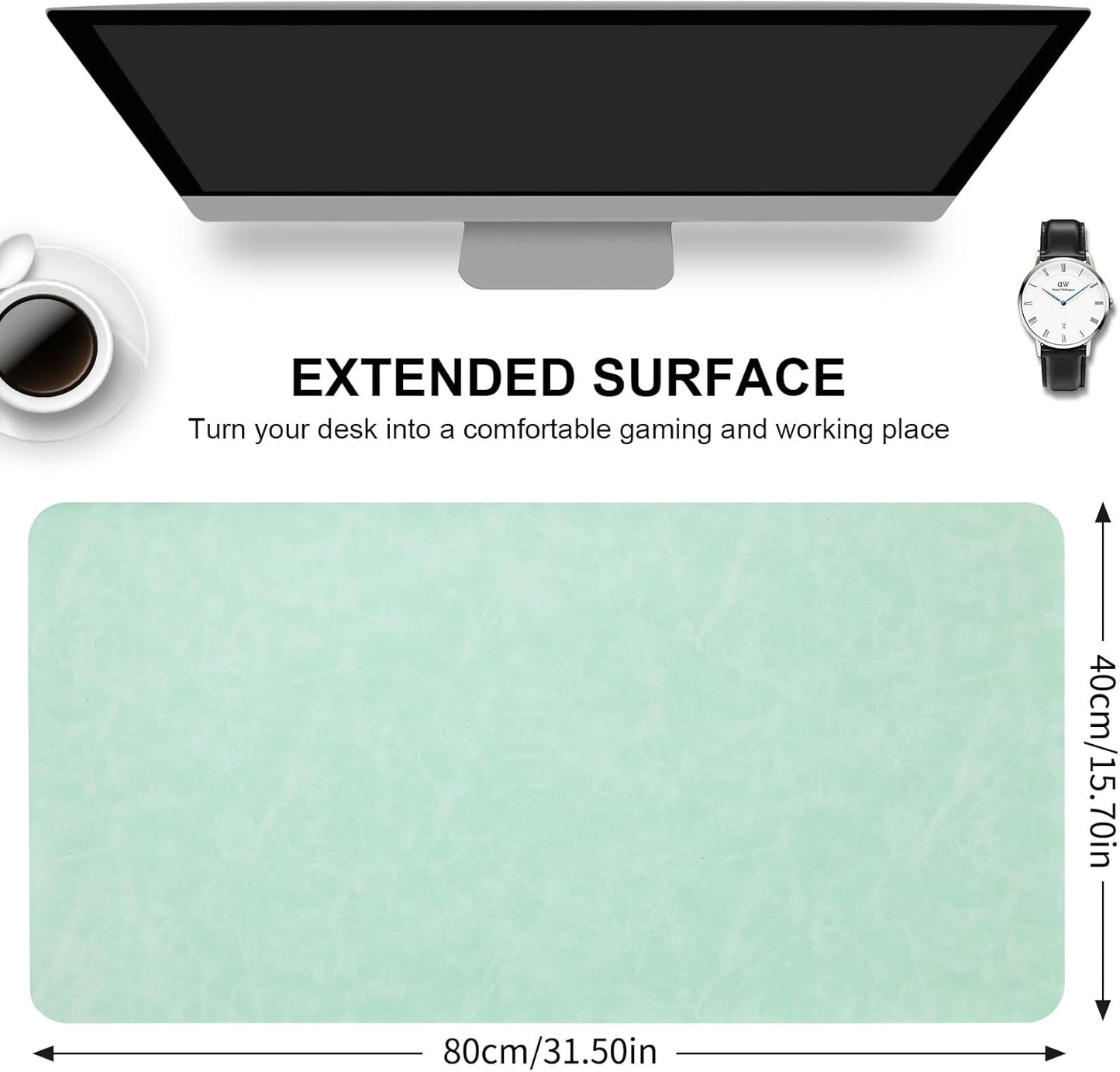 Crazy Horse Leather Desk Mat Large Mouse Pad Laptop Computer Desk Pad Waterproof Non-Slip Table Blotter Desktop Keyboard Writing Pad for Office and Home (Light Green, 120x43cm)