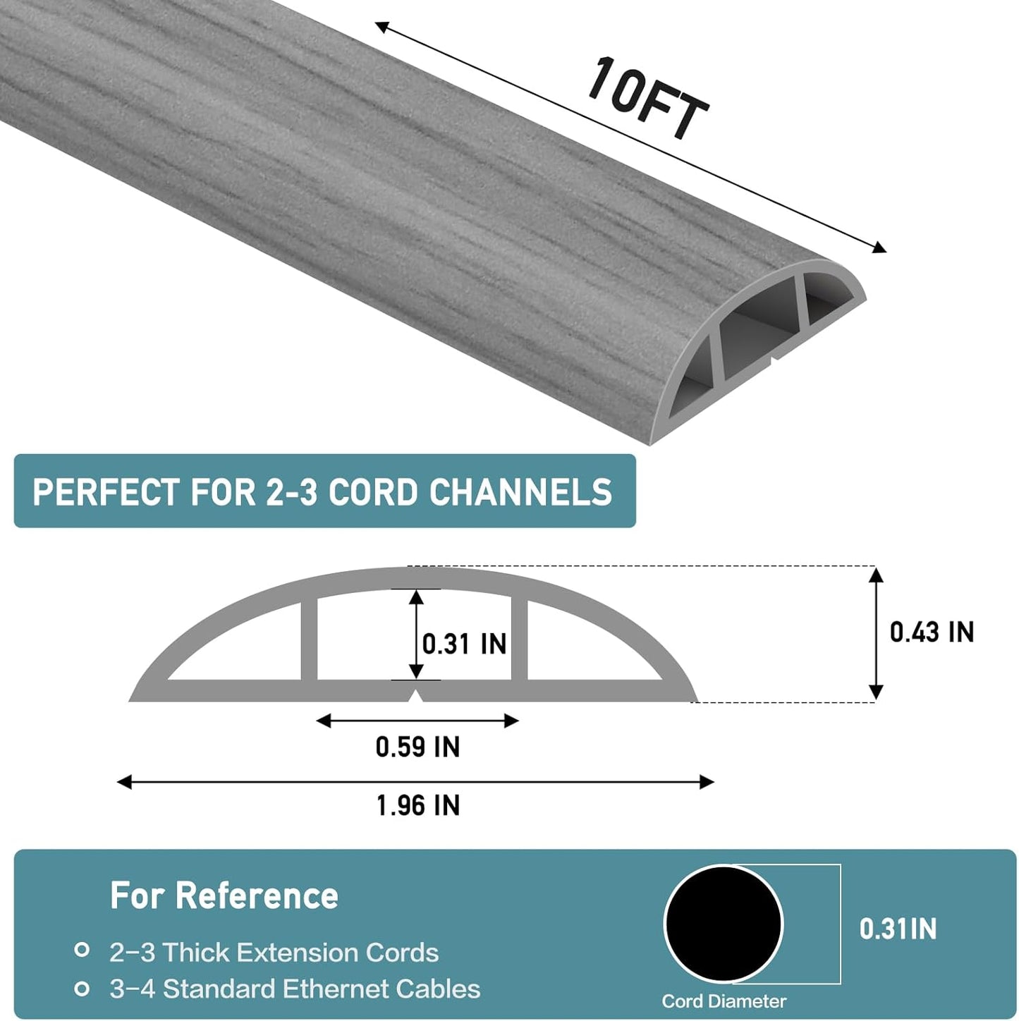 Floor Cord Cover Self Adhesive Cord Hider Floor Extension Cord Covers for Floor Power Cord Protector Cable Management Prevent Cable Trips Cable Cavity 0.59" W x 0.31" H (Light Grey Wood, 10Ft)