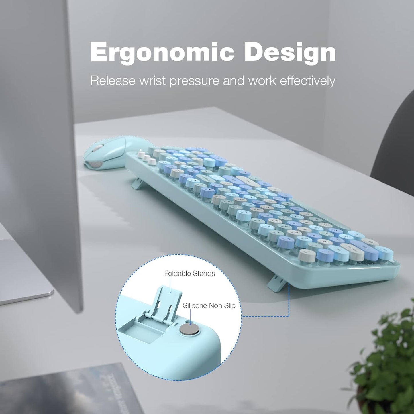Wireless Keyboard and Mouse Combo, MOWUX Colorful Computer Full Size 2.4G Plug and Play Wireless Typewriter Keyboard and Mouse Set for Windows, Computer, Desktop, PC, Notebook (Blue Colorful)