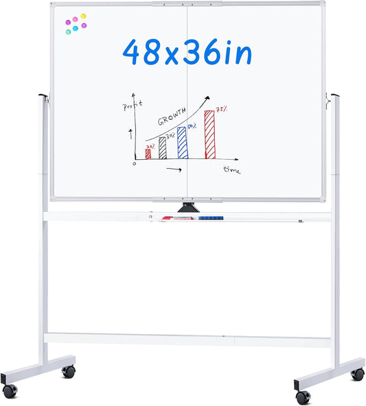 maxtek Rolling Whiteboard, 48x36 Large Magnetic White Board with Stands, Big Double-Sided White Board Dry Erase on Wheels for Homeschool, Home Office, Office, School (Silver, 48 x 36)
