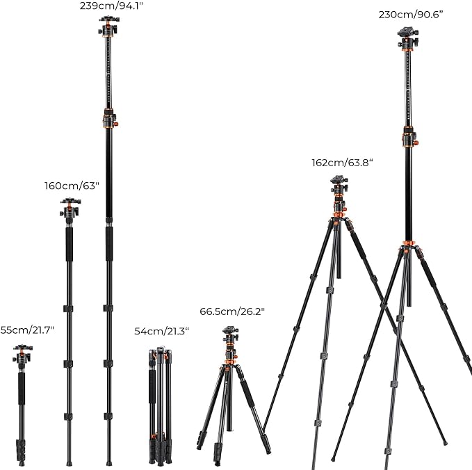 K&F CONCEPT 90''/230cm Ultra High Camera Tripod T254A7+BH-28L | Horizontal - Image 6