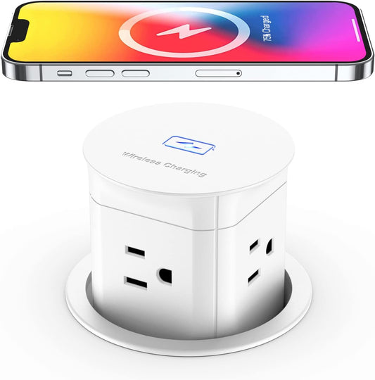 Jgstkcity Pop Up Outlet with 15W Wireless Charger,4 Outlets 15A, Splash Resistant,3 inch Desk Hole Power Grommet,Space Saver Outlet for Kitchen Countertop,Office Conference Table,ETL Listed