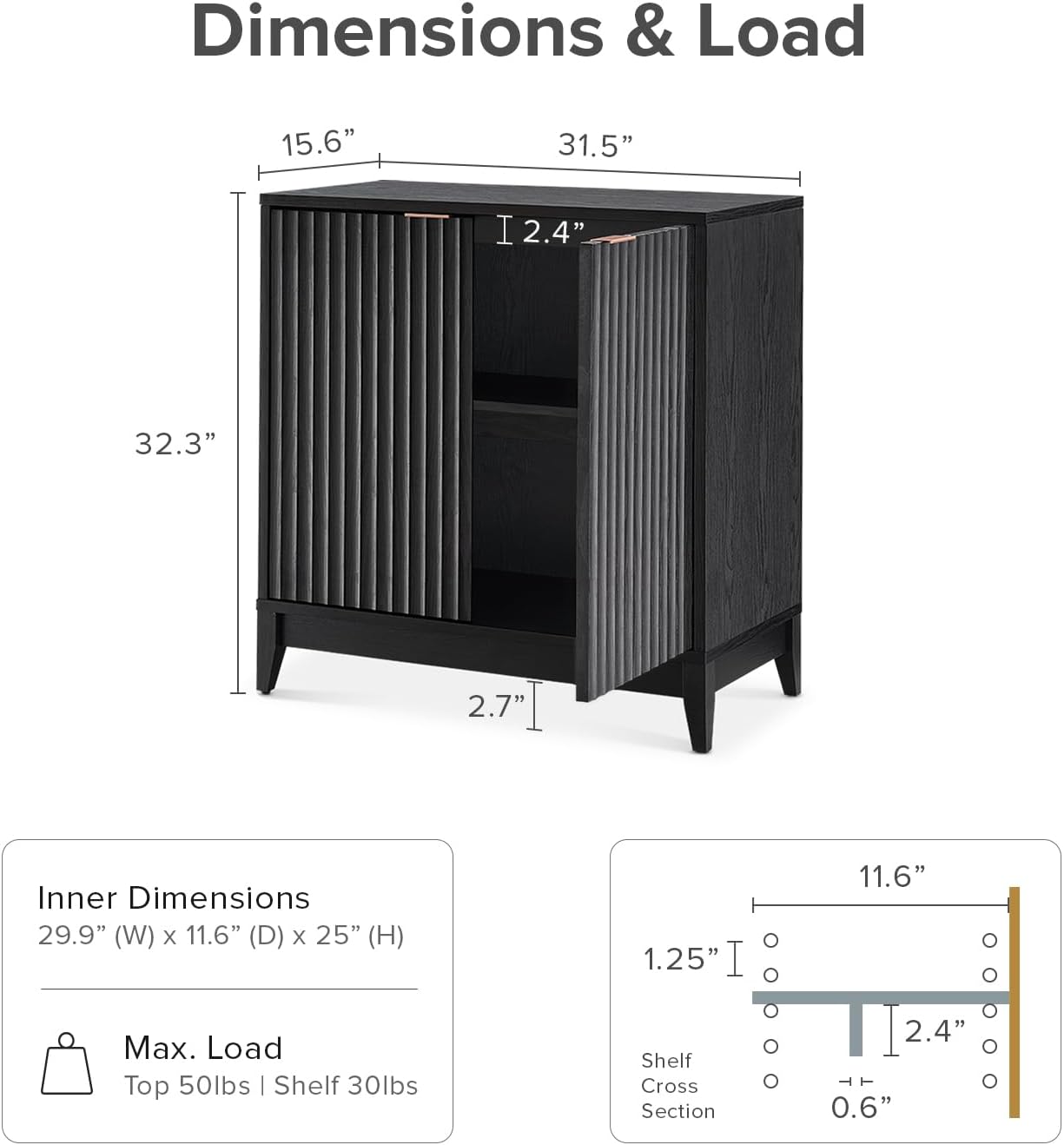 mopio Brooklyn Storage Cabinet, Modern Farmhouse Entryway Accent Case, Buffet Sideboard, Console Table, Credenza, Wood Modular Organizer with Doors & Shelf, Fluted Panel Cupboard (Black, Single)
