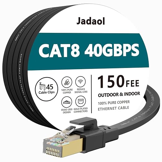 Jadaol Cat 8 Ethernet Cable 150ft, 40Gbps 2000MHz Flat S/FTP LAN Patch Cable by Jadaol
