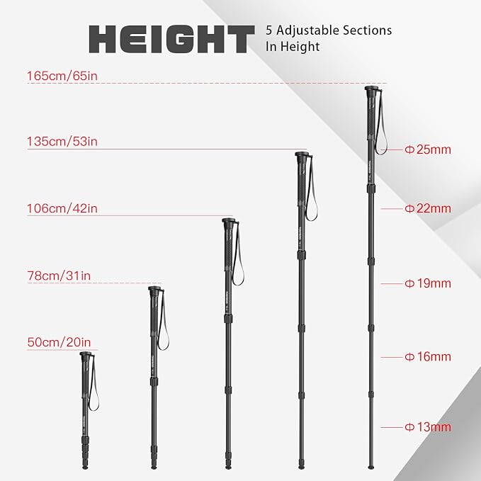 TONYBOO 65” Aluminum Camera Monopod, Lightweight & Portable, 5-Section Travel - Image 2