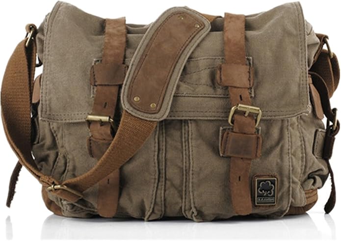 Sechunk Vintage Military Leather Canvas Laptop Bag Messenger Bags Medium by Sechunk