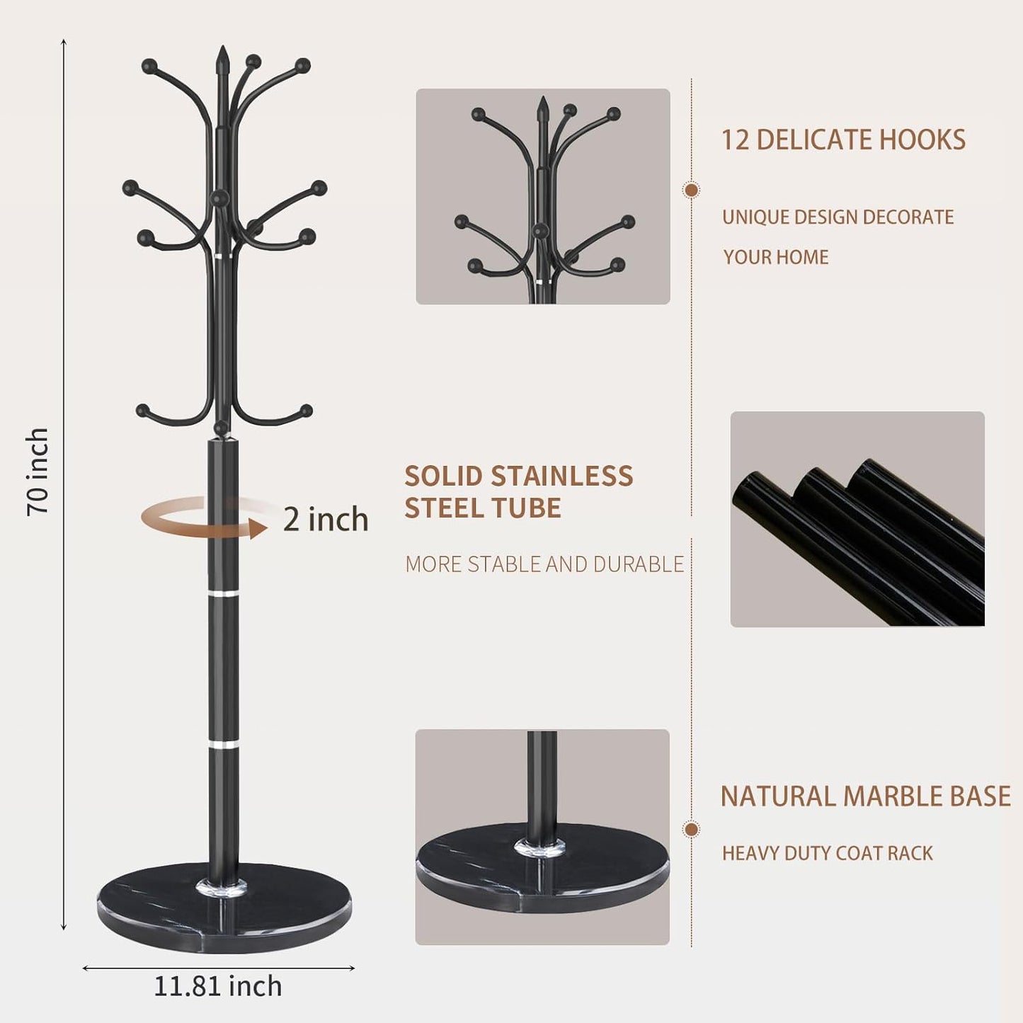 Modern Metal Coat Rack Stand, Coat Rack Freestanding with Natural Marble Base, Sturdy Heavy Duty Coat Racks with 12 Hooks, Black Coat Hall Tree Stand for Entryway, Office (12 HOOKS-Black)