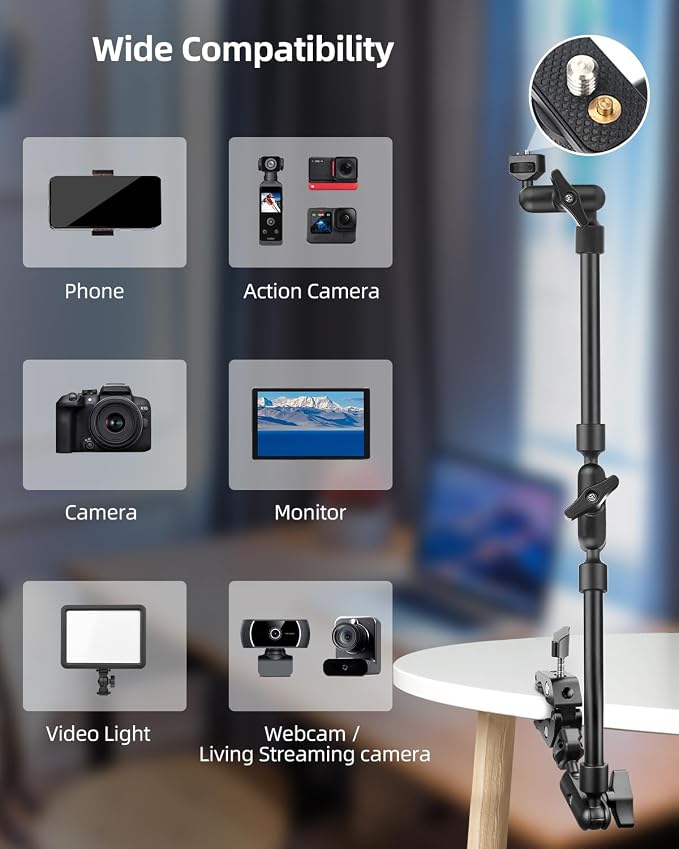 22" Magic Arm w Clamp, Overhead Phone Mount, Desk Camera Mount w Articulating - Image 5