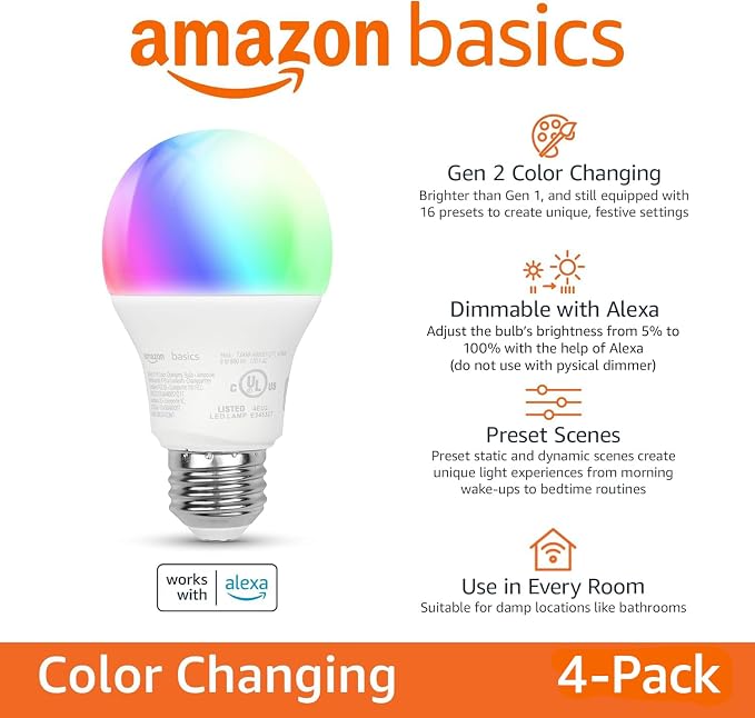 Amazon Basics Smart A19 LED Light Bulb, Color Changing, Works - Image 2
