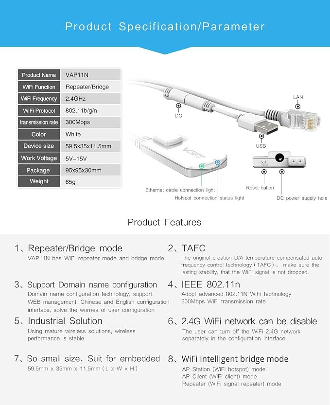 Vonets VAP11N-300 2.4GHz Mini WiFi Bridge Ethernet/WLAN to LAN Adapter/WLAN - Image 3