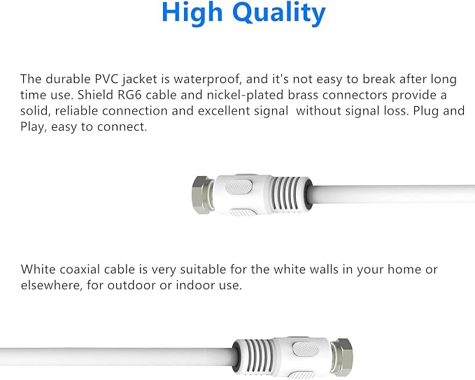 Short Coaxial Cable, 1ft White Coax Cable 0.3m RG6 F Male to Male Connector - Image 4