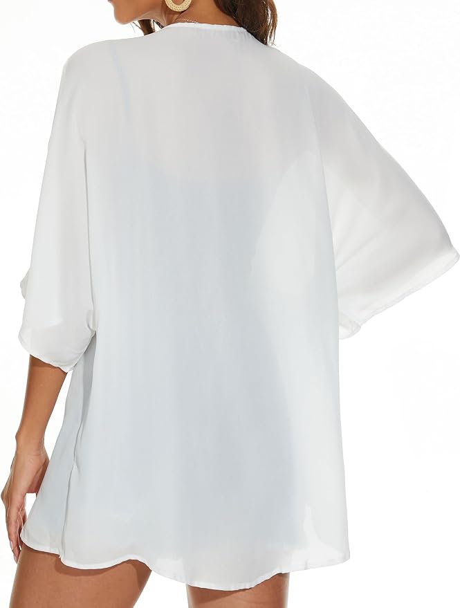 Women's Floral Print Puff Sleeve Kimono Cardigan Loose Cover Up Casual Blouse - Image 6