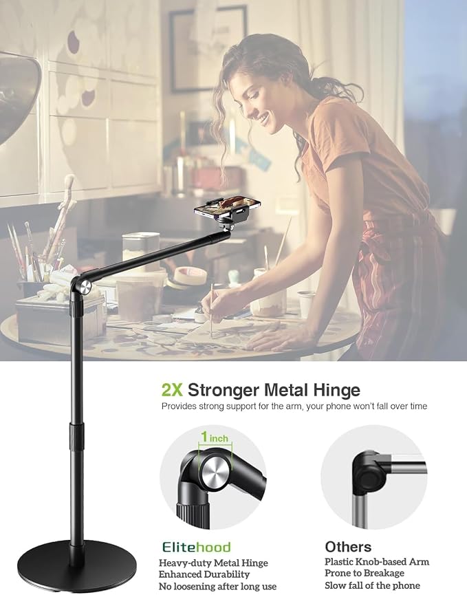 elitehood Heavy Duty Aluminum Overhead Phone Stand, 15 in Long Arm iPhone Holder - Image 3