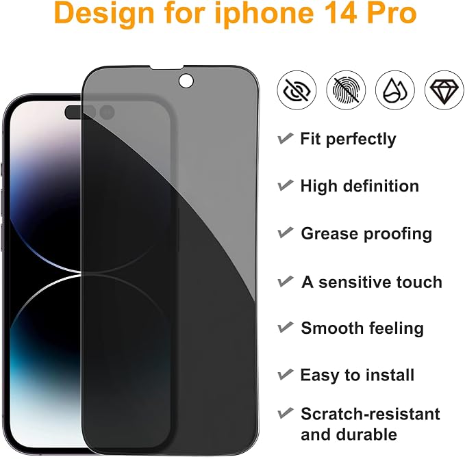 PEHAEL 2+2 Pack for iPhone 14 Pro Privacy Screen Protector - Image 2