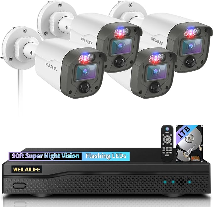 【90ft Super Night Vision】 5MP Outdoor Wired Security Camera System, Home Video by WEILAILIFE