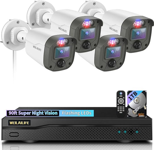 【90ft Super Night Vision】 5MP Outdoor Wired Security Camera System, Home Video by WEILAILIFE