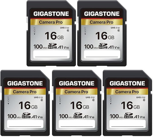 【5-Years Data Recovery】 GIGASTONE 16GB SD Card 5-Pack, Camera Pro, UHS-I A1 V10 by Gigastone