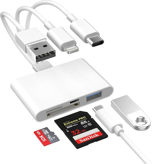 4-in-1 SD Card Reader for iPhone iPad Mac, USB-C+Lightning+USB 3.0 OTG Adapter by Ardaddyn