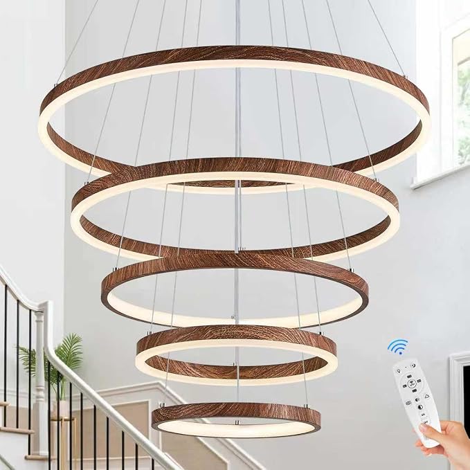 Modern LED Ring Chandelier 5-Light Chandelier Wood Grain Dimmable Round Foyer by LUMIFLYModernChandelier