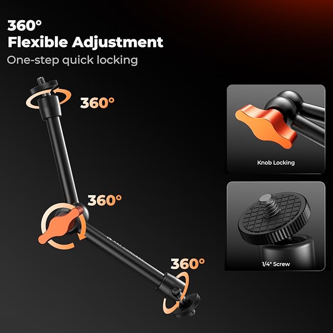 K&F CONCEPT 2-Pack 9.8" Magic Arm, 1/4" Screw Camera Mount Arm 360° Ball Heads - Image 3