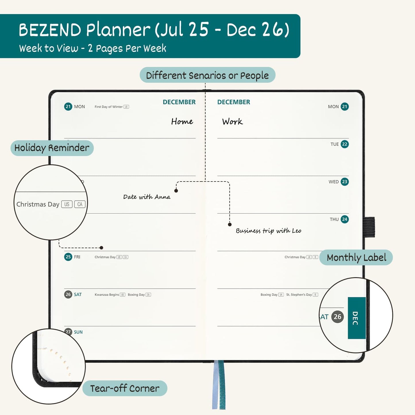 BEZEND Pocket Planner 2025-2026 Weekly with 2 Columns, 18-Month Academic Calendar (Jul 25-Dec 26), Life Work Appointment, Storage Pocket, Pen Holder, PU Leather Hardcover 3.5" x 6" - Mustard