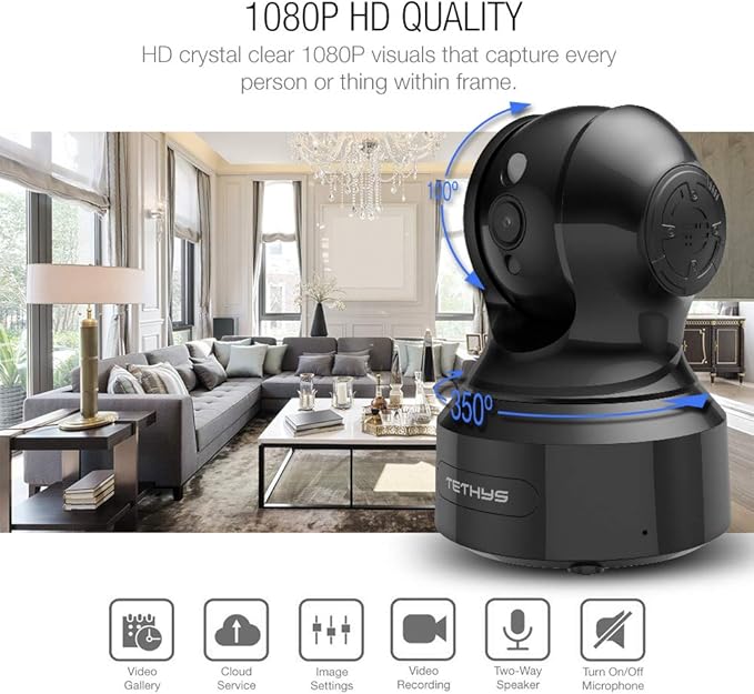 TETHYS Wireless Security Camera 1080P Indoor Pan/Tilt WiFi Smart IP Camera Dome - Image 2