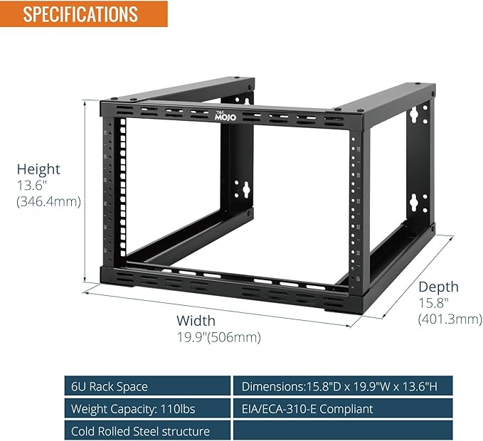 Tecmojo 6U Fixed Wall Mount Network Rack 15.8inch Depth Open Frame - Image 2