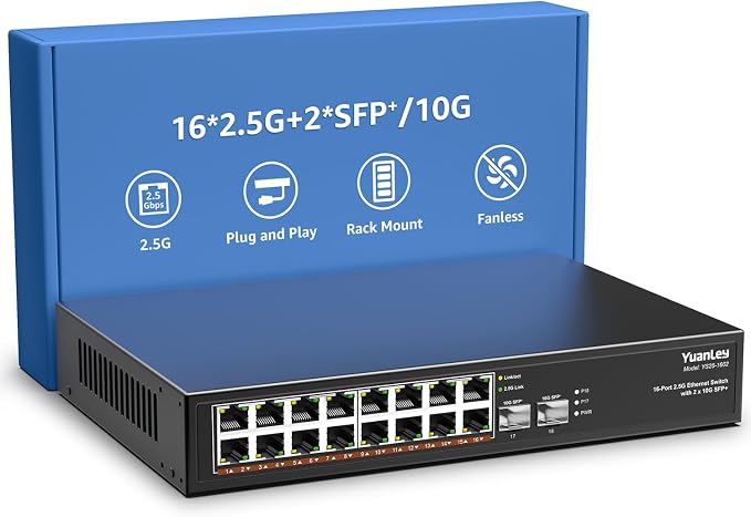 18 Port 2.5G Umanaged Ethernet Switch, 16 x 2.5Gb Base-T Ports, 2 x 10G SFP+ by YuanLey