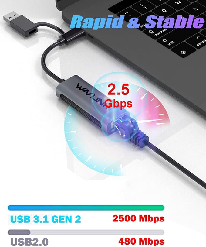 Wavlink USB C to Ethernet Adapter 2.5 Gbps, 2-in-1 USB to 2.5G Ethernet Adapter - Image 4