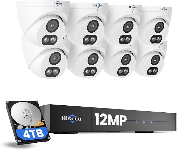 Hiseeu 12MP PoE Security Camera System, 121°Wide View, 2 Way Audio, Color Night by Hiseeu