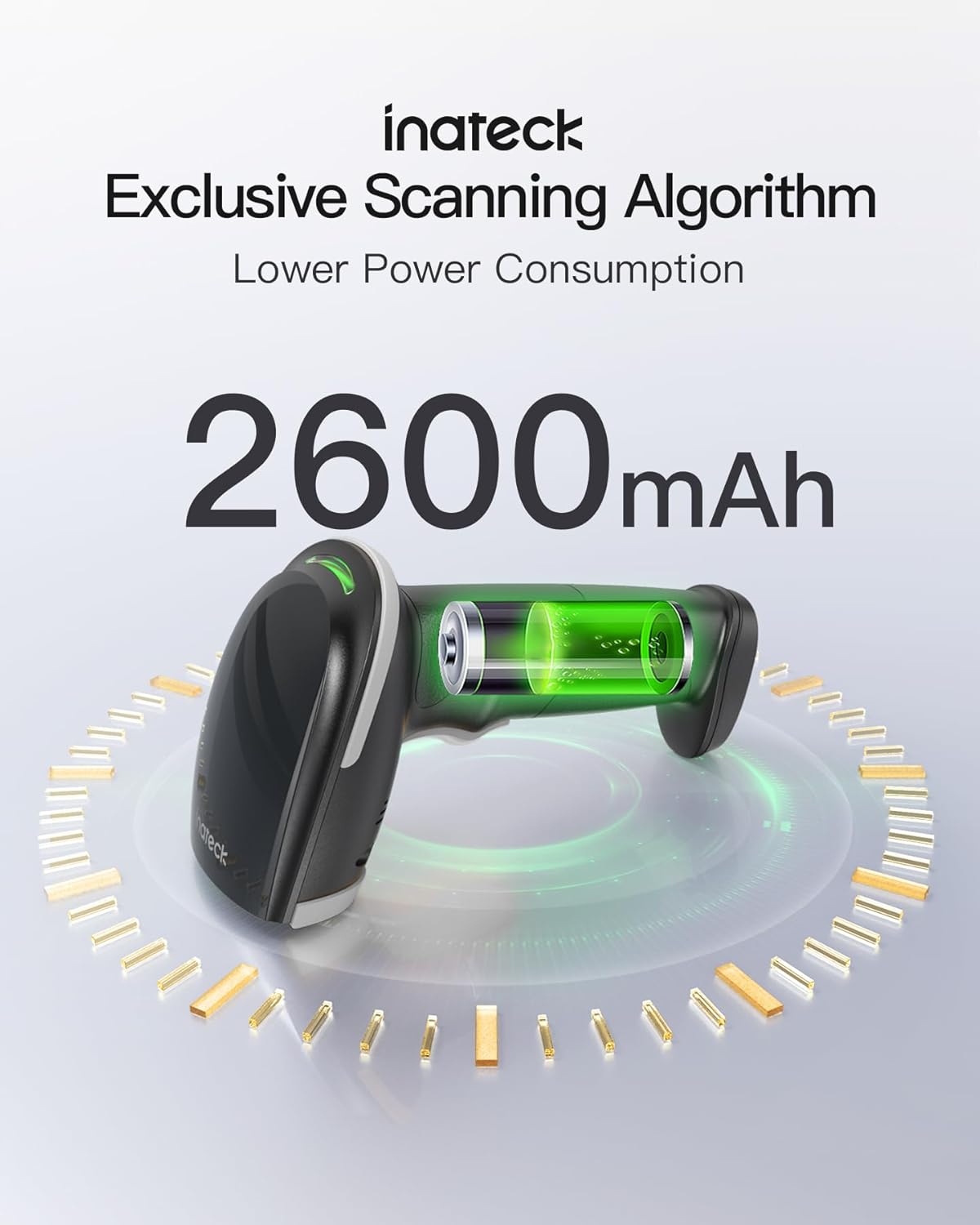 Inateck 2D Barcode Scanner, Wireless Bluetooth QR Barcode Scanner, Handheld Scanner with APP and SDK, 1 Charge for 3 Months, BCST-23 Gray