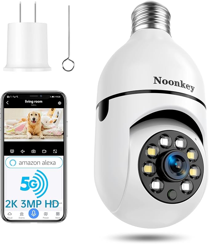 Noonkey 2K/3MP Light Bulb Security Camera, 5G& 2.4GHz WiFi Alexa E27 360° Light by NoonkeySecurityProducts