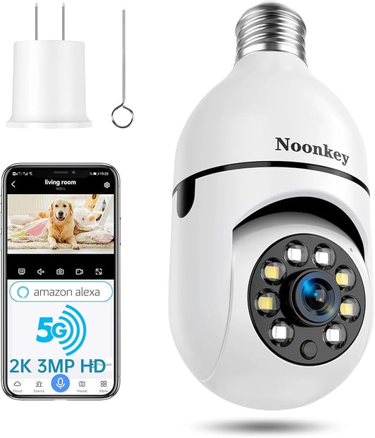 Noonkey 2K/3MP Light Bulb Security Camera, 5G& 2.4GHz WiFi Alexa E27 360° Light by NoonkeySecurityProducts