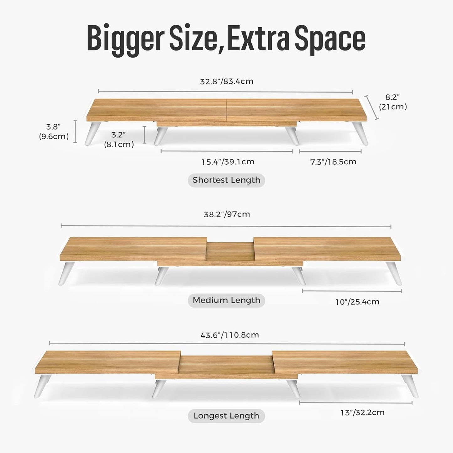 loukin Dual Monitor Stand Riser for Desk, 43.6"*8.2"*3.2" Large Computer Stand for 2 Monitors, Laptop, Printer, Length and Angle Adjustable Computer Shelf, Home Office,Max 43.6" Length Natural