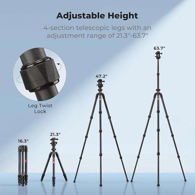 K&F CONCEPT 64" Carbon Fiber Camera Tripod, Lightweight Travel Tripod - Image 5