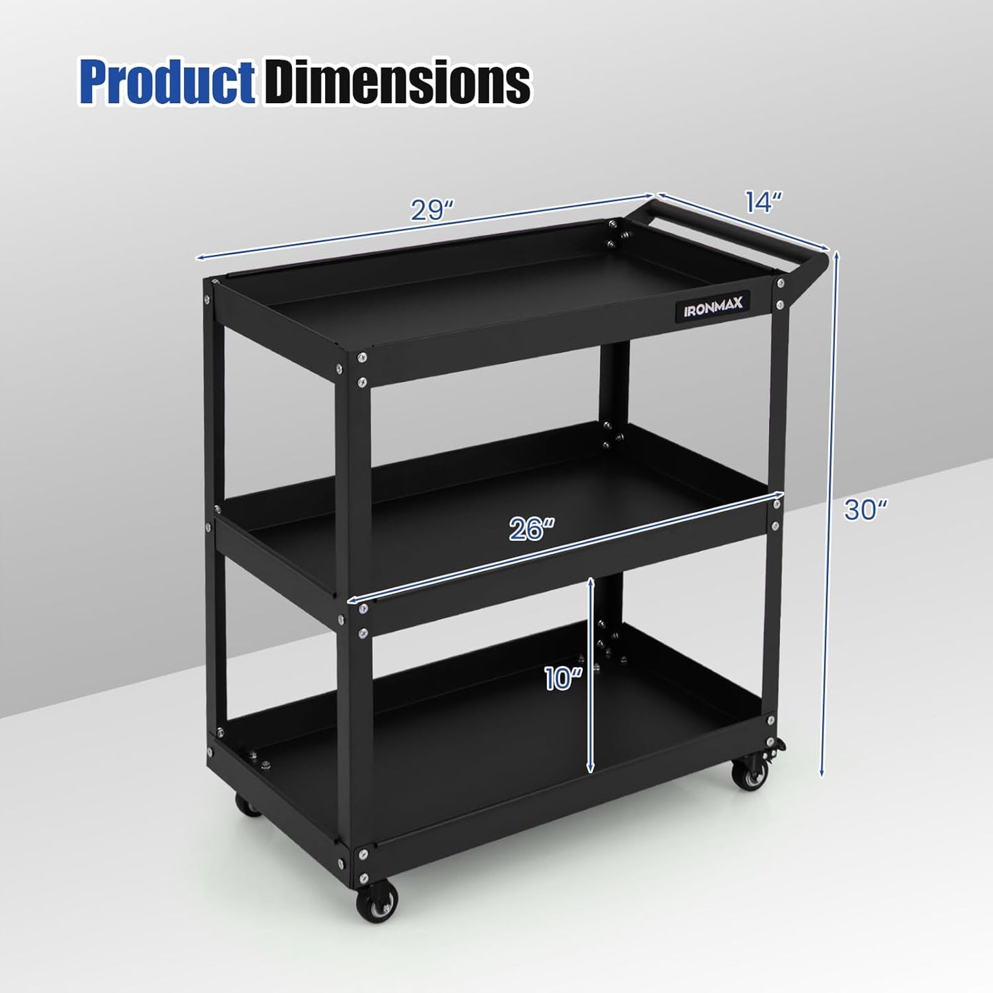 Goplus 3-Tier Utility Cart, Heavy Duty Commercial Service Tool Cart w/3 Spacious Shelves, 4 Universal Wheels with 2 Brakes, Rolling Mechanic Tool Cart Storage Organizer for Warehouse Garage